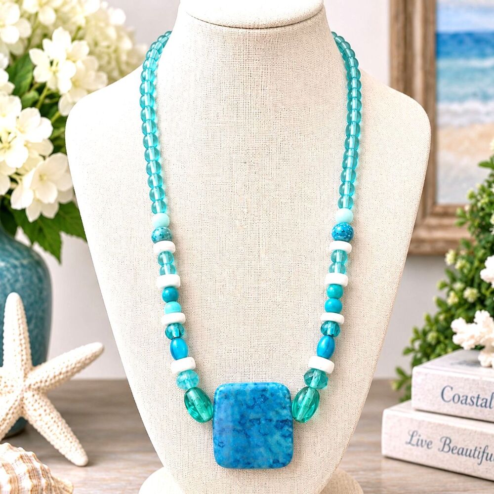 Blue Gemstone Glass Bead Necklace Turquoise Aqua Blue Statement Pendant 17"